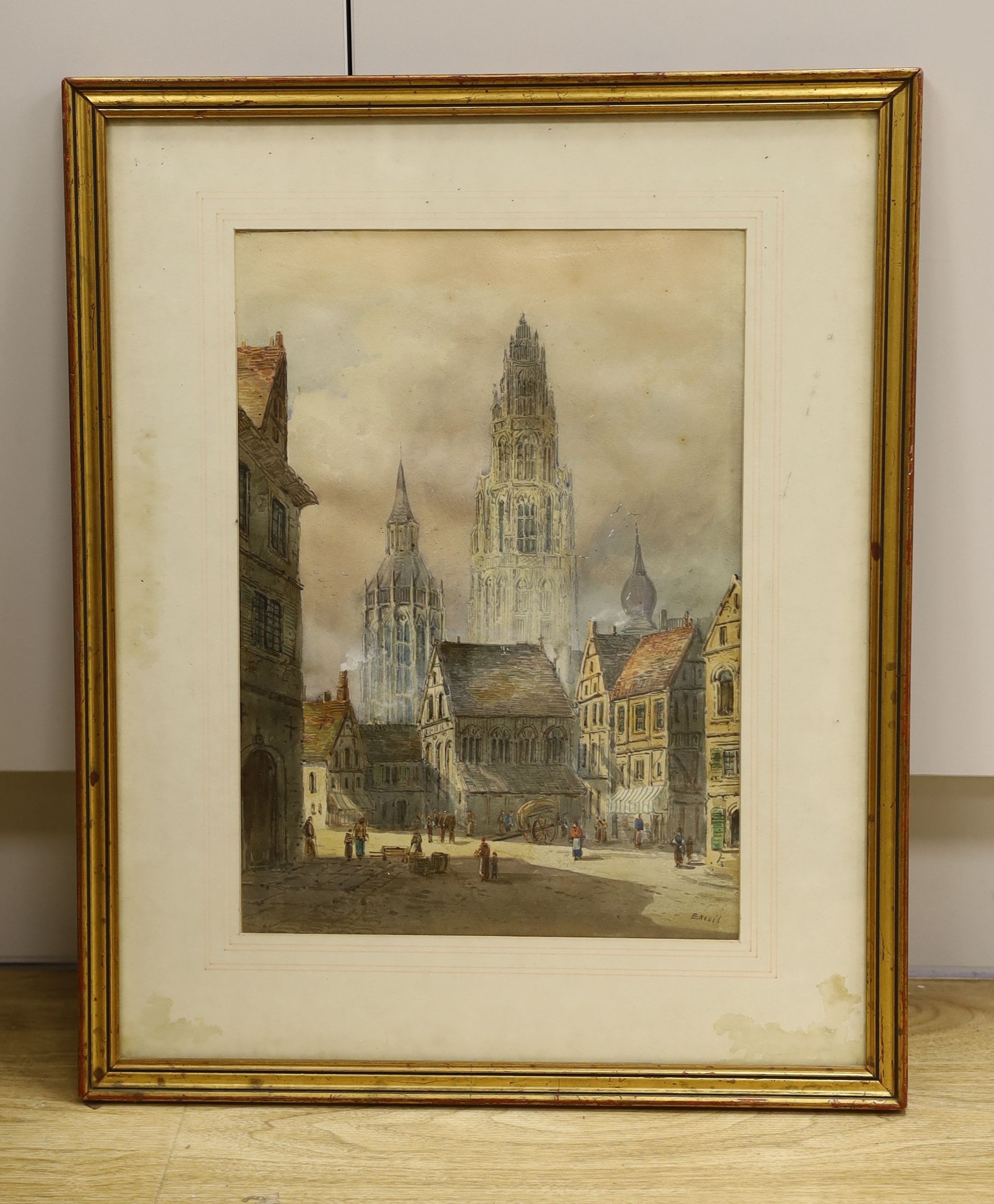 Edward Nevil (1813-1901), watercolour, Northern European town scene, signed, 36 x 25cm